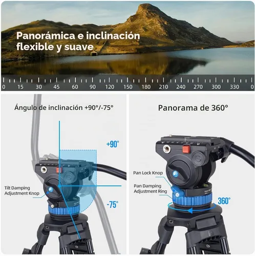 Vista 7 de SIRUI AM-25S Trípode de Video, 74.8" Trípode Profesional de Servicio Pesado con Cabezal Fluido de Amortiguación Ajustable para Videocámara, Cámaras
