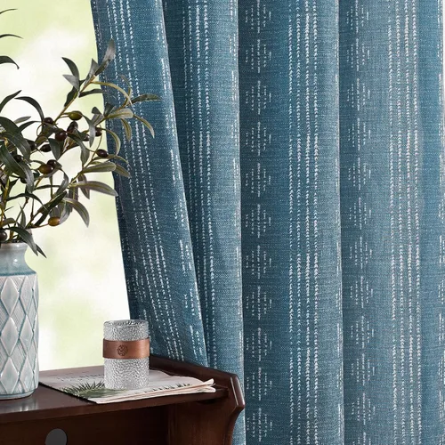 Vista 3 de Vangao Cortinas bohemias con estampado de rayas azules, cortinas de granja de 96 pulgadas de largo, 2 paneles de cortinas de mezcla de lino