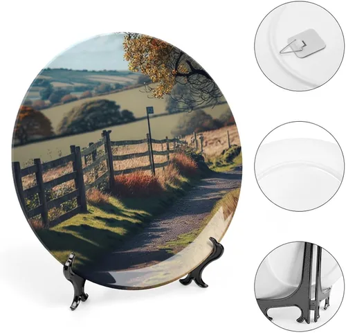 Vista 4 de Platos decorativos de pintura de paisaje de árboles de montaña otoñal, platos decorativos para decoración del hogar, platos de cena de temporada