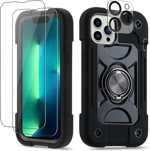 Vista 12 de Funda para iPhone 11 de 6.1 pulgadas con soporte de anillo, con 2 protectores de pantalla de vidrio, resistente a los golpes, resistente a