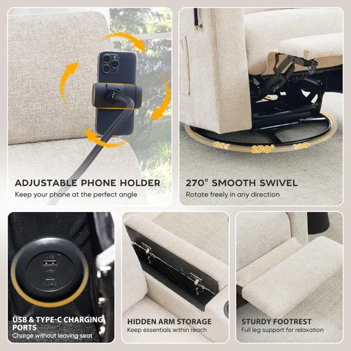Vista 5 de ABCASA Mecedora reclinable eléctrica para guardería, planeador giratorio Chenille-marrón claro