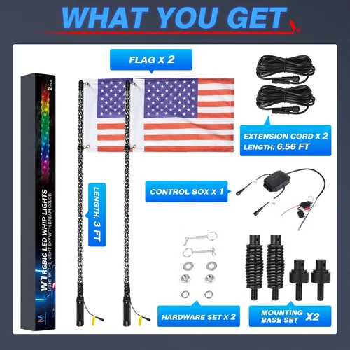 Vista 9 de MICTUNING 2PCS Luces LED Whip W1 de 3 pies con bandera y base de resorte, luces whip de persecución en espiral RGB+IC con APP, sincronización