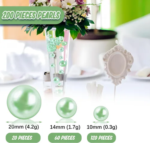 Vista 2 de 200 PIEZAS de Rellenos de Jarrón Verdes, Perlas de Cuentas para Centros de Mesa en Jarrones, Perlas Falsas de 10/14/20 MM sin Agujero para Boda