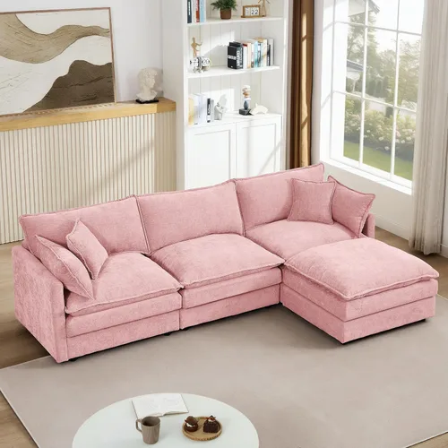 Vista 13 de Sofá modular beige en forma de L, moderno sofá convertible en forma de L de 3 plazas de chenilla suave, cómodo tapizado con juego otomano extraíble