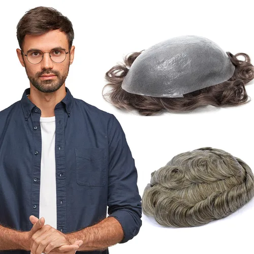 Vista 19 de GEXWORLDWIDE GEX 62 colores tupé para hombres 0.002 in piel ultra fina V-loop 8x10 pulgadas cabello humano conjunto gris densidad densidad densidad