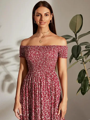 Vista 6 de MakeMeChic Vestido largo de verano con estampado floral bohemio y hombros descubiertos para mujer