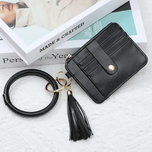Vista 6 de DYSHAYEN Pulsera de pulsera con llavero y cartera, llavero con borla, tarjetero para mujer