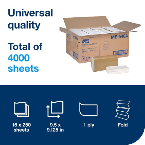 Vista 2 de Tork - Toalla de papel entredoblada H2, universal, 100% fibras recicladas, 16 x 250 toallas, MB540A Compatible con dispensadores H2, 1 capa