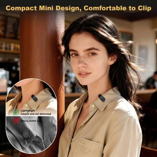 Vista 3 de Mini micrófono inalámbrico Lavalier para iPhone, iPad, Android, batería de larga duración de 30 horas, rango inalámbrico de 100 pies, cancelación
