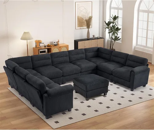Vista 91 de HAOMARKETS Sofá esquinero modular en forma de L de 115 pulgadas con 2 otomanas móviles, sofás de pana de 8 plazas con cojín grueso para sala de Beige