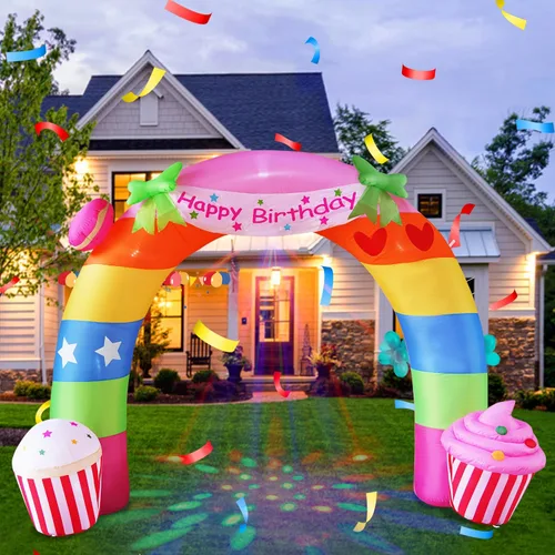 Vista 8 de Pastel inflable de feliz cumpleaños de 6 pies con velas, luces LED integradas, adecuado para decoración de césped en interiores y exteriores