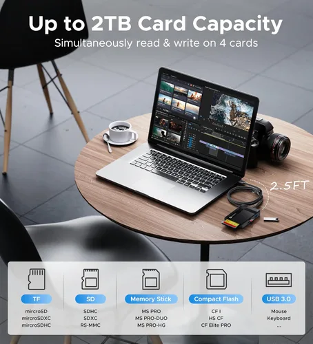 Vista 4 de Lector de Tarjetas SD USB 3.0, WARRKY [2.5 Pies Trenzado de Nailon, Puertos USB 3.0 Adicionales, 5Gbps] Lector de Tarjetas de Memoria 7 en 1