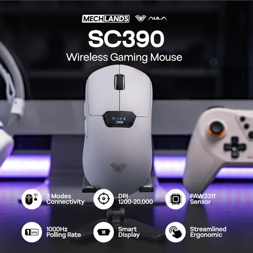 Vista 2 de MechLands Aula SC390 - Mouse ligero para juegos con pantalla de visualización, 2.4G/USB-C/BT mouse inalámbrico con batería de 400 mAh, ajustable