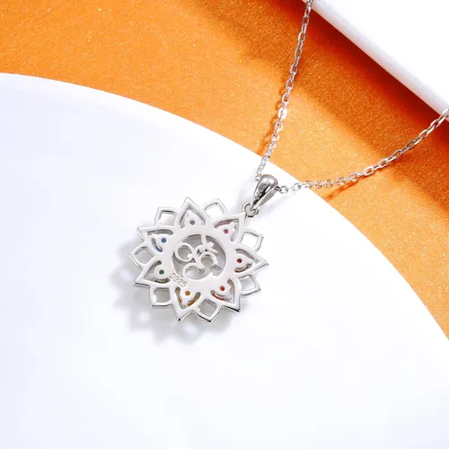 Vista 6 de Chakra Yoga Lotus Flower Necklace 925 Sterling Silver Om Ohm Symbol Crystal Pendant Necklace Spiritual Jewelry Gift for Women Girls