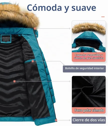 Vista 3 de CREATMO US Abrigo de invierno con capucha para mujer, impermeable, cálido, largo acolchado, parka Azul (Acid Blue)