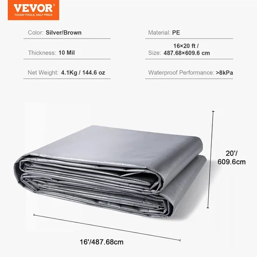 Vista 7 de VEVOR Lona impermeable de 16 x 20 pies, cubierta de lona de polietileno de plástico de 10 mil, lona multiusos resistente a desgarros, rayos UV
