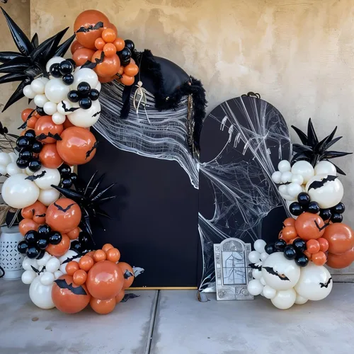 Vista 5 de Kit de guirnalda de arco de globos de Halloween, globos negros, retro naranja, blanco y negro de mármol con globos de estrella de araña de papel