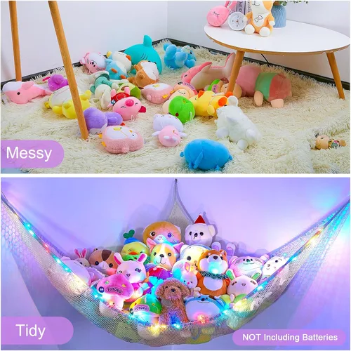Vista 7 de Unicorn Castle Hamaca de red para animales de peluche, almacenamiento de juguetes para niños con luz LED, organizador de juguetes de felpa