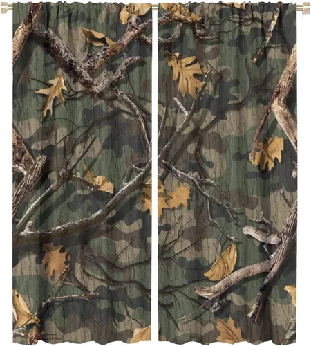 Vista 13 de Cortinas opacas de camuflaje de bosque, animales salvajes, osos, ciervos, alces, con bolsillo para barra, para sala de estar, dormitorio, decoración