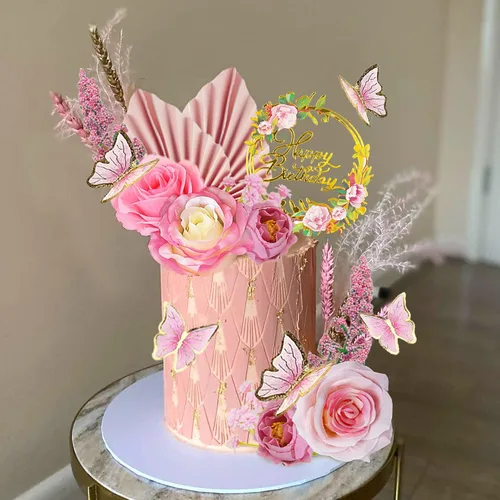 Vista 6 de 17 PCS Adornos para Tartas de Flores Estilo Boho Decoraciones de Pastel de Mariposa con Rosas Artificiales Claras Eucalipto para Suministros de Boda
