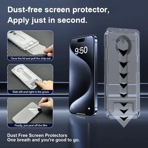 Vista 2 de OneFish Protector de pantalla para iPhone 14Plus/13Pro Max, película de vidrio templado HD Clarity dureza 9H+, con marco de instalación sin