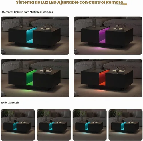 Vista 4 de HedoAjim - Mesa de café LED negra para sala de estar, mesa rectangular de sala de estar con almacenamiento, mesas de café acrílicas con 2 cajones