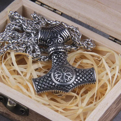 Vista 4 de Collar de amuleto de runa escandinava de Mjolnir de los Vikingos Nordos, cadena de acero inoxidable, colgante de ancla Vegvisir, joyería masculina