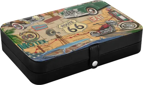 Vista 3 de J JOYSAY Route 66 Joyero organizador de viaje pequeño joyero de cuero PU para aretes, joyero, collar, anillo organizador de almacenamiento