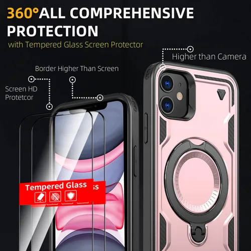 Vista 3 de Funda magnética para iPhone 11, para iPhone XR, compatible con MagSafe, con 1 protector de pantalla, anillo integrado de 360° con soporte de apoyo