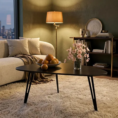 Vista 5 de Manora Mesa de Café Moderna y Simple de Madera con Patas de Metal Negro, Mesa de Té Ovalada para Sala de Estar u Oficina, Mesa Central Compacta
