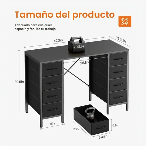 Vista 3 de Sweetcrispy - Escritorio para computadora y juegos con 8 cajones de almacenamiento de tela, escritorio de 47 pulgadas para oficina en casa