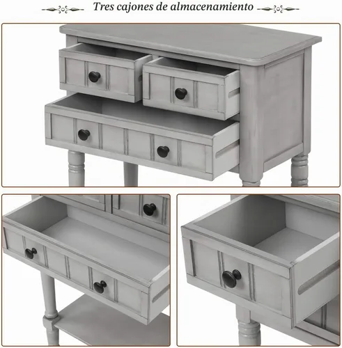 Vista 4 de Aparador de mesa de sofá de consola estrecha con 3 cajones de almacenamiento y estante inferior para sala de estar, entrada/pasillo Gris desteñido