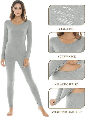 Vista 4 de NACHILA Conjunto de ropa interior térmica de bambú para mujer, suave, largo, conjunto de pijama de capa base, pijamas de manga larga, tallas S-XXL