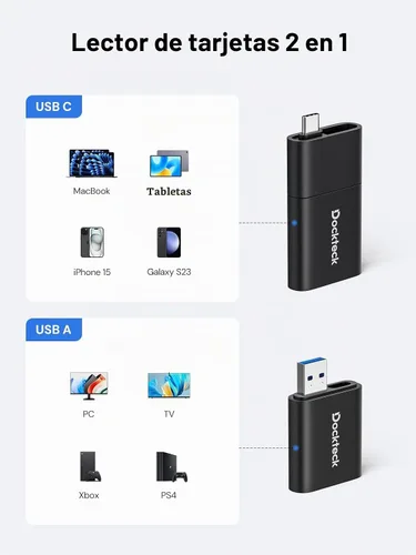 Vista 6 de Lector de Tarjetas SD, Adaptador de Tarjeta Micro SD a USB 3.0 de Dockteck, Lector de Tarjetas de Memoria SD de 5G, Adaptador USB A - C, Lector