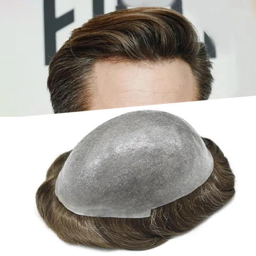 Vista 10 de Tupé de piel ultra fina para hombres pieza de cabello humano real sistema de reemplazo 0.002 in Mens Toupee Hairpiece para hombres V-Loop 8x10 80%