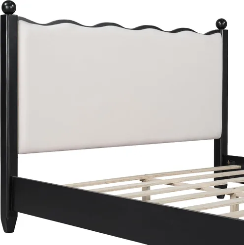 Vista 7 de Merax Base de cama moderna de madera maciza con cabecera tapizada, marco de plataforma rústica tamaño Queen con patas de madera resistentes, no Tela