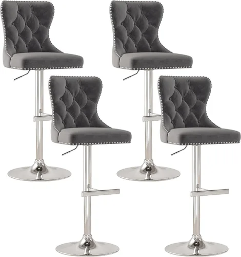 Vista 19 de Juego de 2 taburetes de bar, taburetes giratorios de terciopelo con respaldo copetudo, asiento ajustable con ribete de cabezas de clavos, sillas