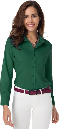Vista 24 de Atnlewhi - Camisa de trabajo clásica con botones, manga larga, elástica, formal y casual para mujer