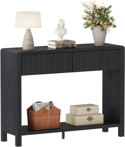 Vista 15 de FATORRI Mesa consola estrecha con almacenamiento, mesa de sofá de madera para entrada, mesas de pasillo modernas de 39.37 pulgadas y mesas de sofá
