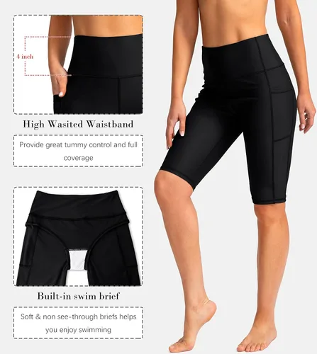 Vista 5 de SANTINY Pantalones cortos de natación de cintura alta de 812 pulgadas para mujer con bolsillos, UPF50+ pantalones cortos de natación largos
