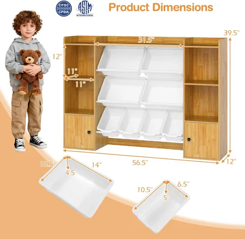 Vista 3 de HONEY JOY Organizador de almacenamiento de juguetes para niños, armario de madera de 56.5 pulgadas de largo con 8 contenedores extraíbles, estantes
