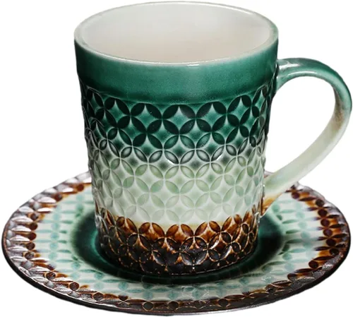 Vista 10 de CAPIJIONG 6.8 fl oz/6.67oz Vintage Cerámica Horno Taza de Café Set Creativo Simple Taza de Leche para Oficina Hogar Restaurante Café-Azul Esmalte
