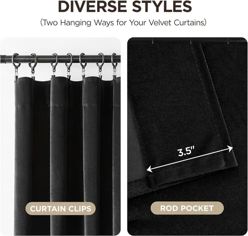 Vista 4 de Joydeco Cortinas de terciopelo negro de 72 pulgadas de largo, 2 paneles, cortinas opacas de lujo con bolsillo para barra, cortinas de ventana