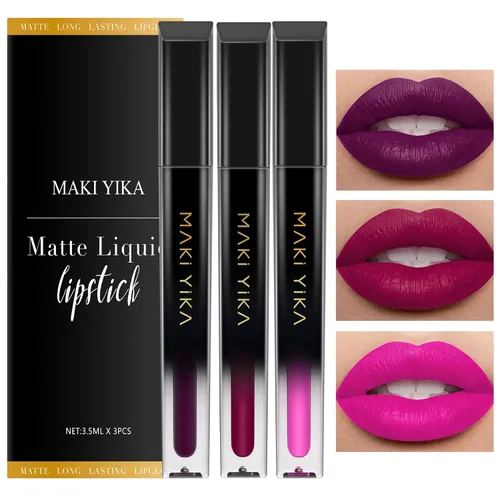 Vista 37 de MAKI YIKA Juego de 3 lápices labiales líquidos mate, color negro y rojo Negro/Rojo Oscuro/Desnudo