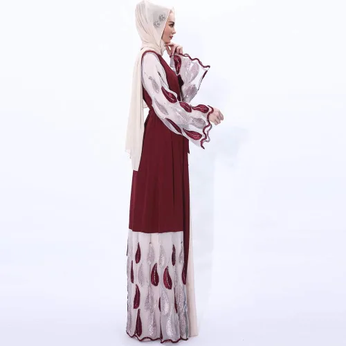 Vista 3 de Vestido musulmán para mujer de encaje recortado Abaya botón frontal musulmán Maxi Kaftan Kimono