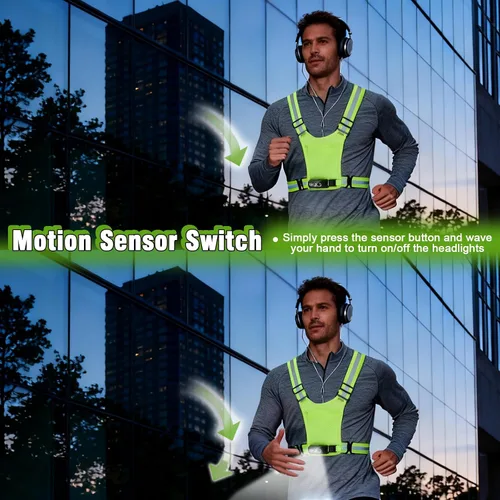 Vista 2 de Luces de correr para corredores, chaleco reflectante con sensor de movimiento de 3 modos, luces con inclinación ajustable de 45°, chaleco
