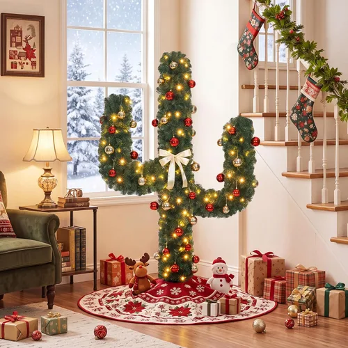 Vista 2 de Goplus Árbol de Navidad artificial de cactus preiluminado de 5 pies con 90 luces LED y adornos de bolas, decoración perfecta para las fiestas