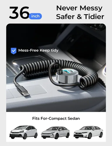 Vista 2 de LISEN - Cargador de coche con cable en espiral USB-C integrado de 36 pulgadas de 45 W, adaptador de encendedor de cigarrillos de carga rápida