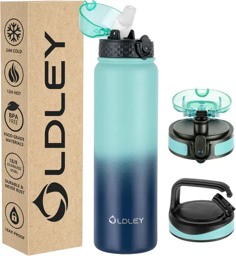 Vista 7 de Botella de agua aislada Oldley de 12 oz con pajita, botella de agua de acero inoxidable con 2 tapas, botellas de doble pared con vacío para adultos