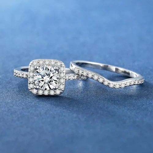 Vista 4 de MDFUN Anillo de compromiso de boda con circonita cúbica chapada en oro blanco de 18 quilates con halo de compromiso de boda y eternidad para mujer